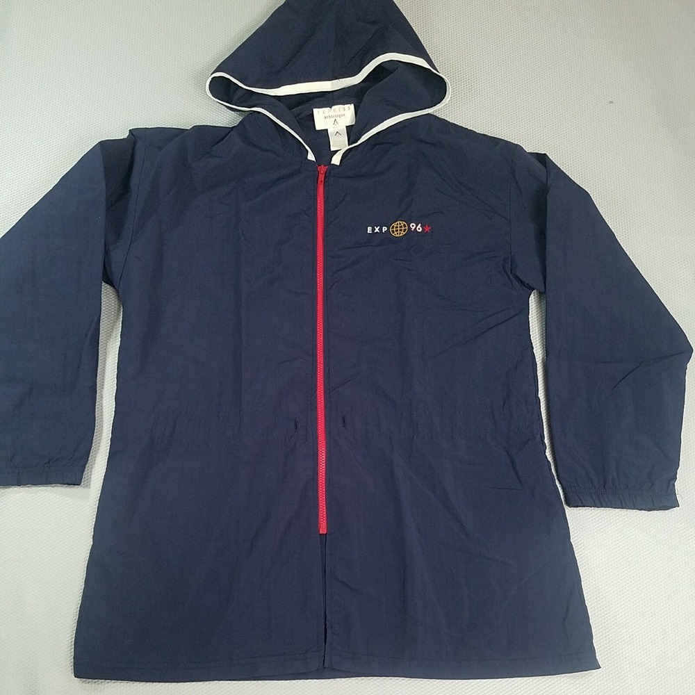 EXPRESS ATHLETIQUE Vintage 96 Nylon Zip Jacket with Hood-Navy Blue Sz Large USA